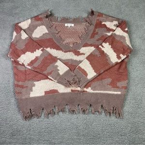 Miracle Distressed Oversized V-Neck Camo Knit Boho Sweater Small